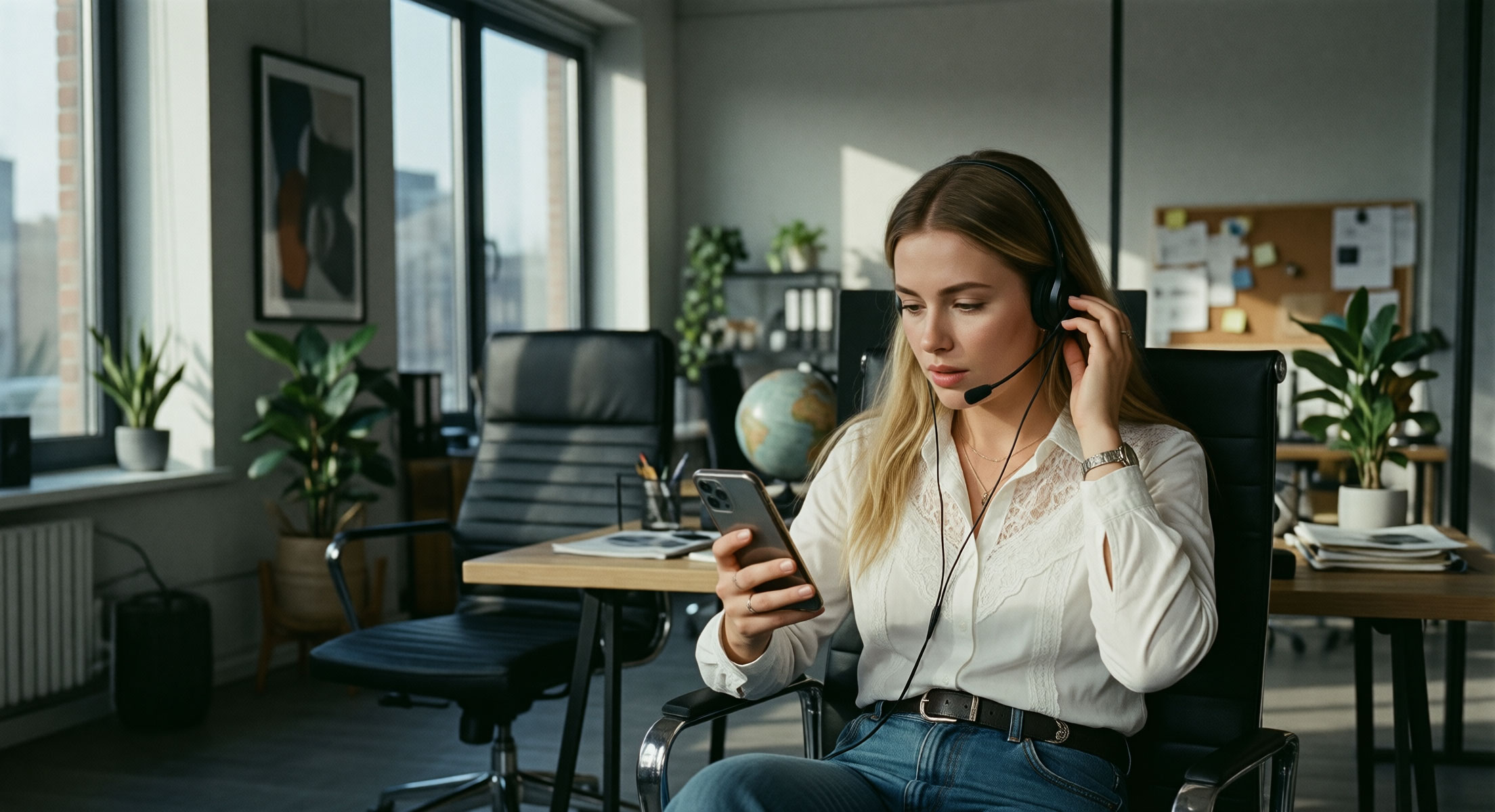 A customer-care person at her desk reviewing an inbound request on her phone.