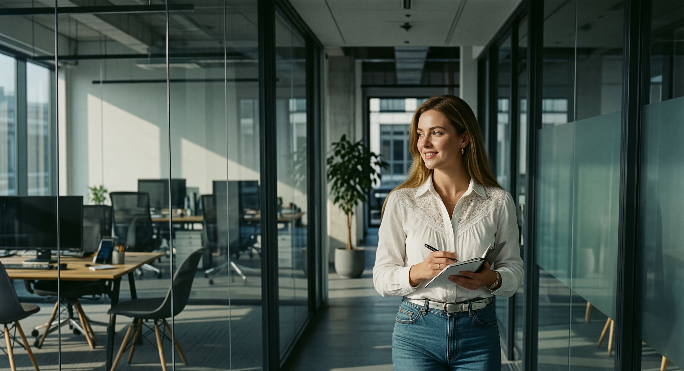 A customer-care person standing in the office with a notebook, thinking through the work.