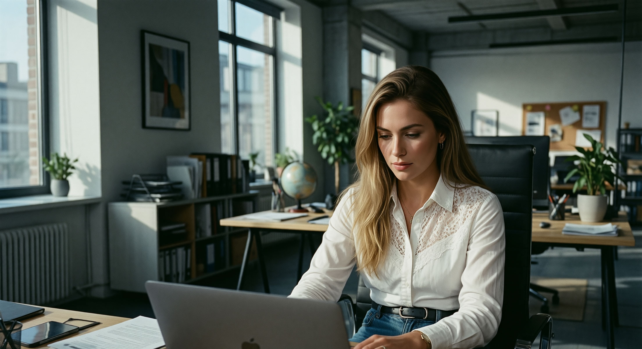 A customer-care person at her desk working at a laptop.